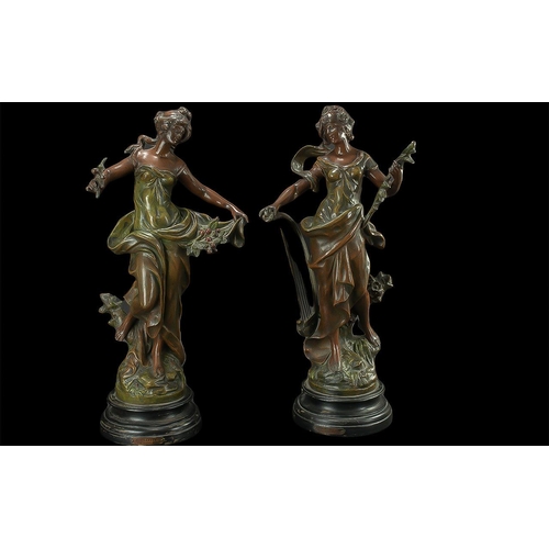 1239 - A Pair of Early 20th Century Bronzed Figures, titled 'Cueillette' and 'La Melodie' signed Auguste Mo... 