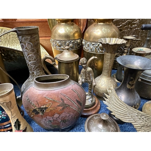 1245 - Quantity of Brass & Copper Items, including log basket, vases, candlesticks, kettle, jugs, magazine ... 