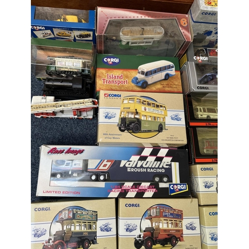 1434 - Collection of Boxed Corgi Die Cast Models, including Routemasters, trams, advertising trucks, buses,... 