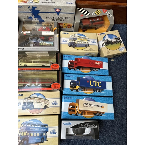 1434 - Collection of Boxed Corgi Die Cast Models, including Routemasters, trams, advertising trucks, buses,... 