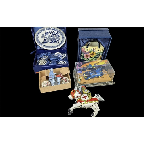 1437 - Box of Collectible Vintage Toys, including a boxed metal wind up toy of a Knight on horseback, a box... 