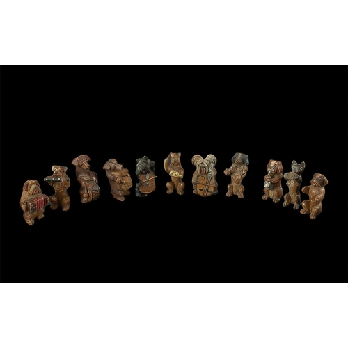 1441 - Black Forest Style Collection of Dog Figure Orchestra, ten band members and conductor.  Realisticall... 