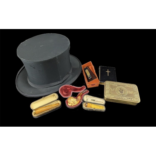 1474 - Miscellaneous Lot of Collectible Items, including a collapsible top hat, a Christmas 1914 Royal tin,... 