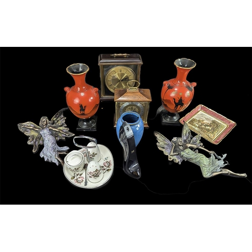 1476 - Box of Collectibles, including two fairy plaques, two orange vases decorated with camels and trees, ... 