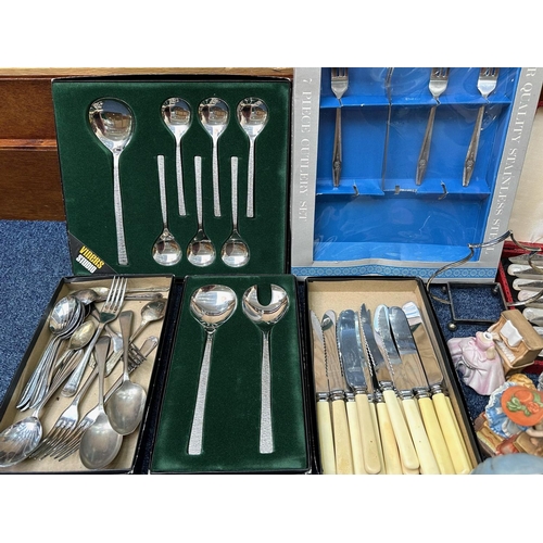 1511 - Box of Miscellaneous to include five boxes of Viners flatware, figures, glass, ornaments, clothes br... 