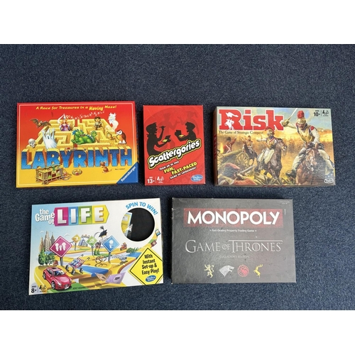 1565 - Five Boxed Games, including Risk, Labyrinth, Monopoly Game of Thrones version, Game of Life and Scat... 