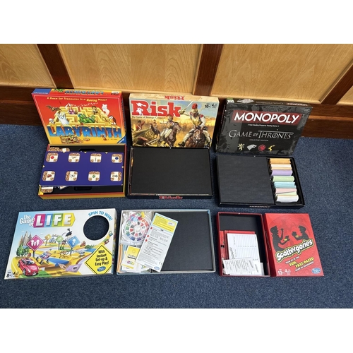 1565 - Five Boxed Games, including Risk, Labyrinth, Monopoly Game of Thrones version, Game of Life and Scat... 