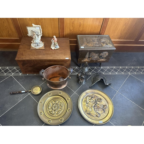 1568 - Mixed Lot to include a hinged storage box, a coal scuttle, two brass chargers, display helmet, two G... 