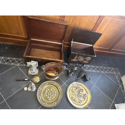 1568 - Mixed Lot to include a hinged storage box, a coal scuttle, two brass chargers, display helmet, two G... 