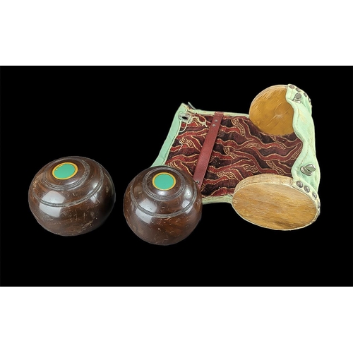 1570 - Set of Vintage Wooden Bowling Balls, in a canvas carrying bag, with thick lining and wood supports t... 