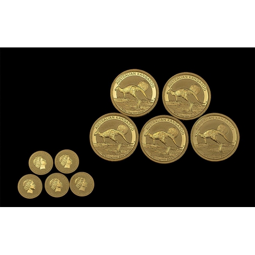 210 - Australia Perth Mint 5 x 1/10 Fine 999 Gold Kangaroo - 15 Dollar Gold Coins. All mint Condition, 999... 