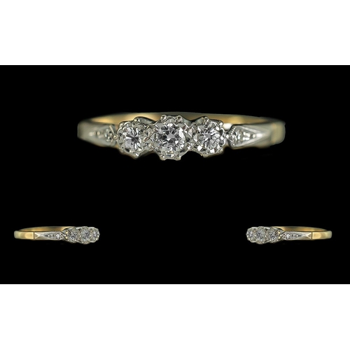 246 - 18ct Gold and Platinum 3 Stone Diamond Set Ring, Illusion Set. The Round 3 Faceted Diamond of Excell... 