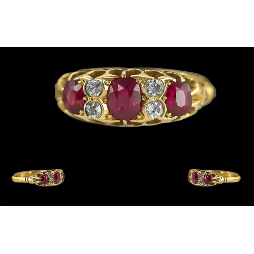 25 - Antique Period Ladies 18ct Gold Ruby and Diamond Set Ring, Raised Open Worked Setting, Full Hallmark... 