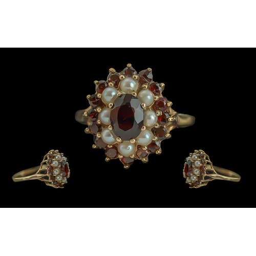 305 - Ladies 9ct Gold Pearl and Garnet Set Cluster Ring. Flower head Setting. Garnets and Pearls of Pleasi... 