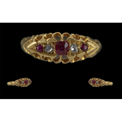 35A - Antique Period Ladies 18ct Gold Ruby and Diamond Set Ring, Raised Open worked Setting, Hallmark Ches... 