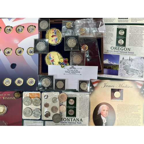 433 - Coin Interest. 2 Bag of Coins, Includes Last of the Half Crown Sets - Cased In a Wooden Box with Dra... 