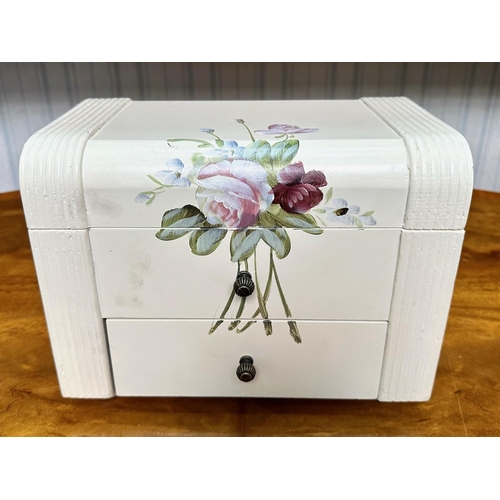 440 - Vintage Cream Jewellery Box, hand painted with roses, barrel shaped with a drawer and lift up lid.  ... 