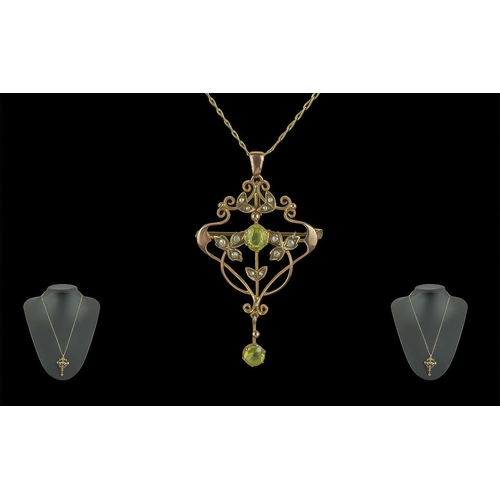 59A - Victorian Period 1837 - 1901 Ladies 9ct Gold Open Work Peridot and Seed Pearl Set Pendant/ Brooch, m... 