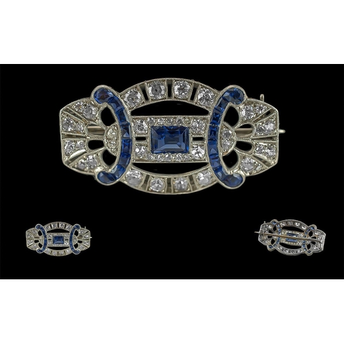 6 - Art Deco Period - Superb and Exquisite 18ct White Gold Blue Sapphire and Diamond Set Small Brooch. U... 