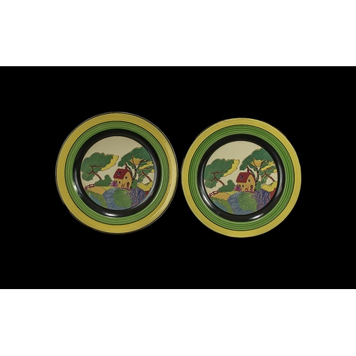 608 - Two Staffordshire Plates, Clarice Cliff style, made by Henry's.  Diameter 11''.  Depicts a house and... 