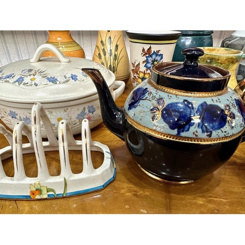 680 - Collection of Pottery - including a Denby blue biscuit barrel, a tall pottery modern 13'' vase, a ju... 