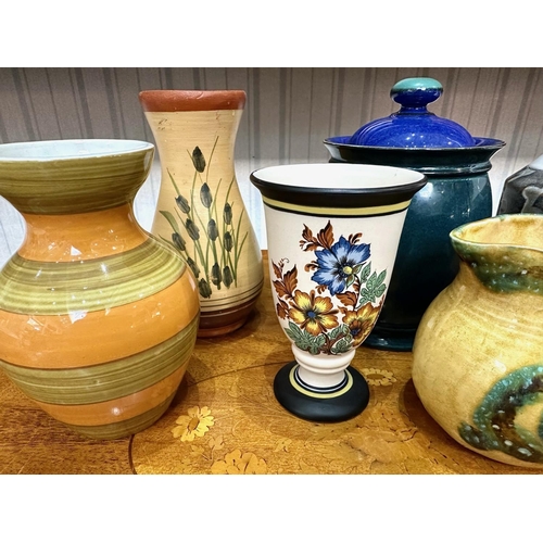 680 - Collection of Pottery - including a Denby blue biscuit barrel, a tall pottery modern 13'' vase, a ju... 