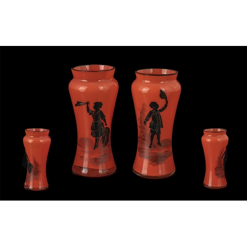 775 - Two Small Orange Bohemian Czech Bud Vases, with black decoration of a lady and man, 5'' high.  One h... 