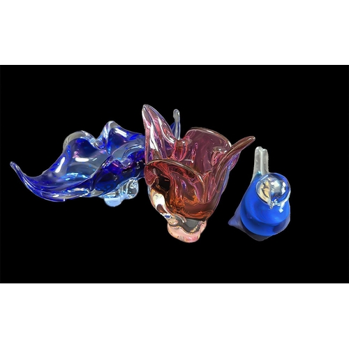 777 - Three Pieces of  Glass ware, comprising a raspberry pink glass vase 7'' tall, blue glass boat shaped... 