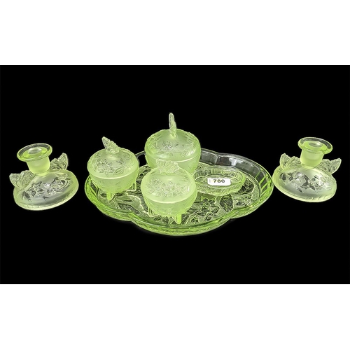 780 - Vintage Green Glass Dressing Table Set, comprising an oval tray, three lidded trinket/powder boxes, ... 