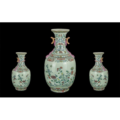 853 - 19th Century Famille Rose Chinese Vase, blue marks to base, measures 14'' high.  Pale blue ground wi... 