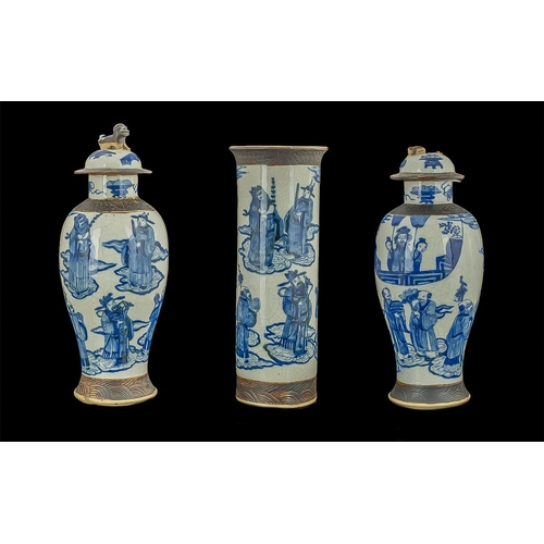 871 - A Pair of Oriental Crackle Glaze Vases of good size plus one other. All vases depicting figures. Bro... 