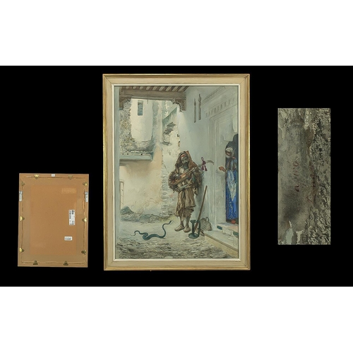 901 - Jose Tapiro Spanish 1836-1913 Watercolour titled The Snake Charmer depicting a snake charmer in a qu... 