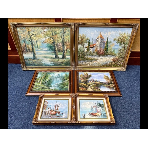 936 - Six Decorative Oil Paintings, comprising two large framed Oil Paintings, one depicting a church and ... 