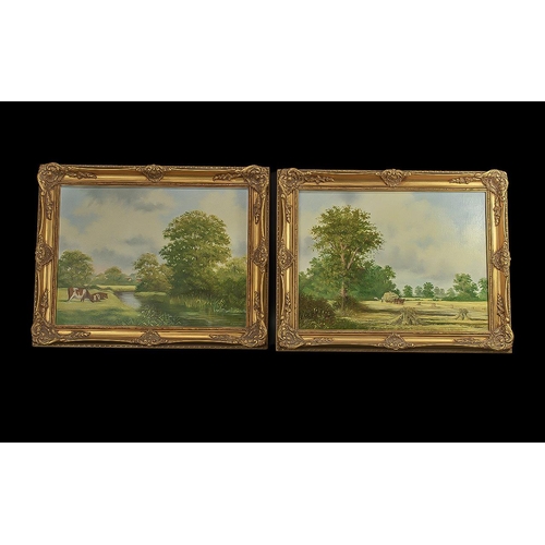 941 - S. Whigham - Pair of Oil on Canvas Signed Paintings, one depicting horses and a hay cart, the other ... 