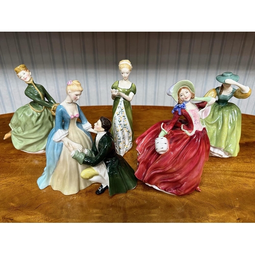 675 - Five Royal Doulton Figures to include The Suitor HN 2132, Buttercup HN 2309, Vanetia HN 2722,  Autum... 