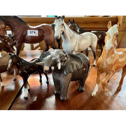 674 - Collection of Beswick Horse Figures, to include ten horses, a donkey and an elephant.  Shades of bro... 