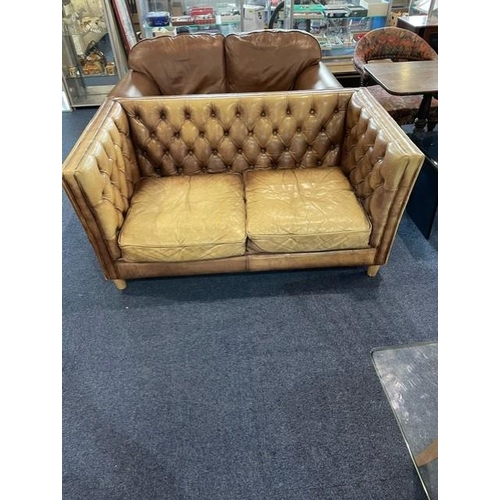 1035 - Leather Button Back Two Seater High Backed Chesterfield Tum Chair, drop in cushions, later turned fe... 