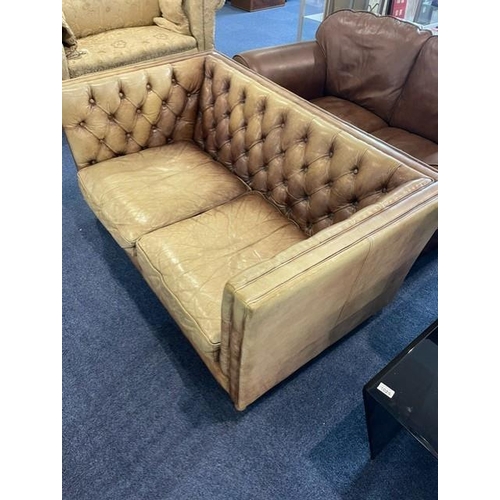 1035 - Leather Button Back Two Seater High Backed Chesterfield Tum Chair, drop in cushions, later turned fe... 