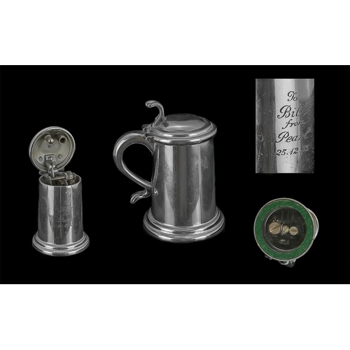 113 - Dunhill Silver Tone Novelty Table Lighter in the form of a lidded tankard, marked Dunhill to undersi... 