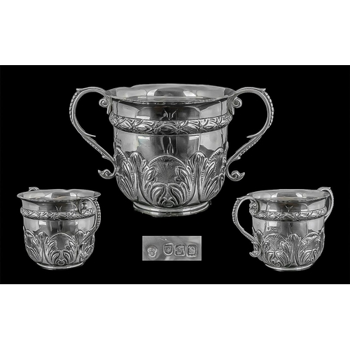 114 - Victorian Period - Fine Sterling Silver Two Handle Porringer with Embossed Decoration to Body of Sol... 