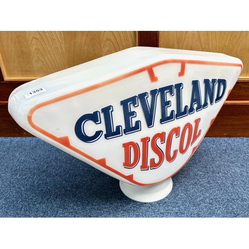 1353 - Opaline Glass Advertising Cleveland Gas Pump Top, reads Cleveland Discol and The Alcohol Blend.