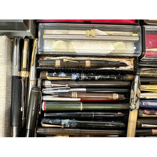 1434 - A Quantity of Fountain Pens & Associated, approx 60+, comprising fountain tens, ballpoint pens, penc... 