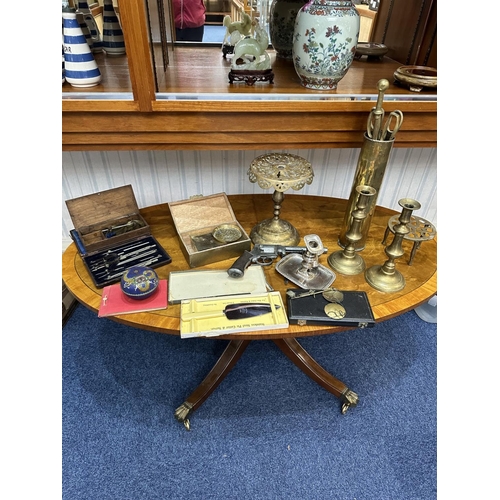 1449 - Mixed Lot to include brass, display revolver, fire irons, scale, draughtsman set, etc.