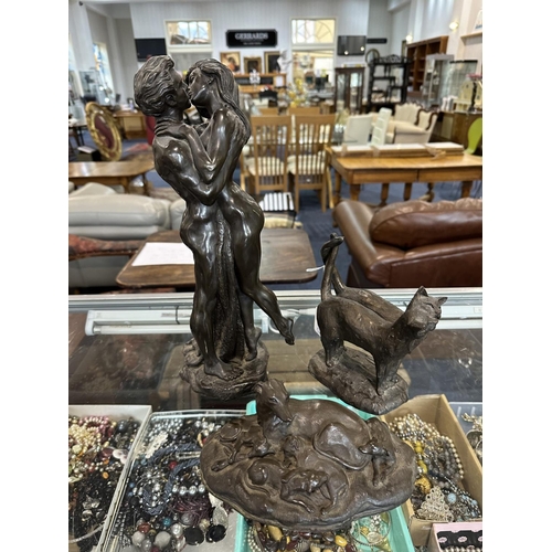 1495 - Three Bronzed Figures, comprising a Paul Jenkins figure of two cats, 8'' high, a greyhound with pupp... 