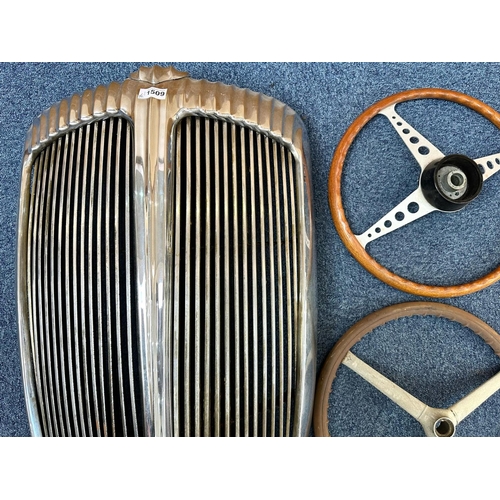 1509 - Collection of Car Related Items, including a Daimler car grill, three steering wheels, and a collect... 