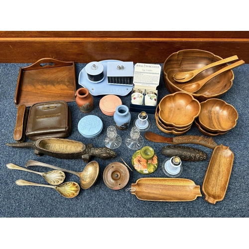 1524 - Box of Miscellaneous, to include wooden tray, Worcester egg coddlers, glass candle holder, a leather... 