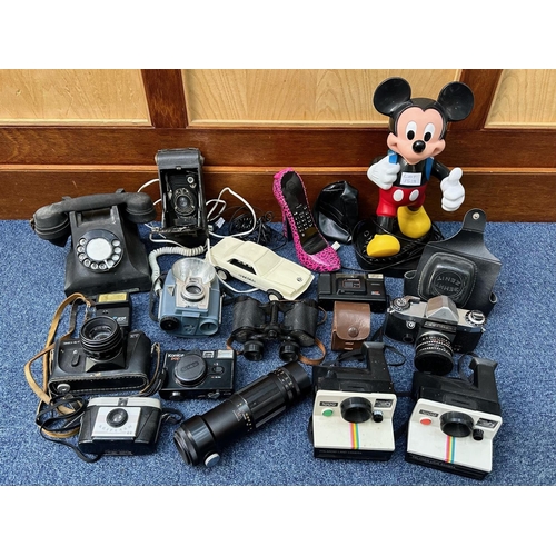 1591 - Box of Assorted Vintage Telephones & Cameras, including a Mickey Mouse phone, vintage telephones, bi... 