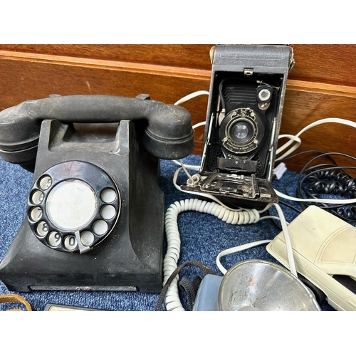 1591 - Box of Assorted Vintage Telephones & Cameras, including a Mickey Mouse phone, vintage telephones, bi... 