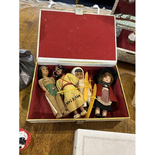 1598 - Box of Miscellaneous Items, including four vintage dolls in traditional costume, assorted costume je... 