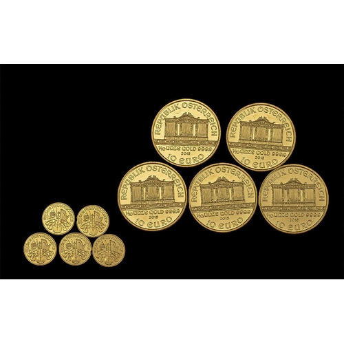 201 - Austria - Philharmonic 5 1/10 ozs 10 Euro Gold Coins, Purity 999 Fine Gold. All Coins are In Mint Co... 